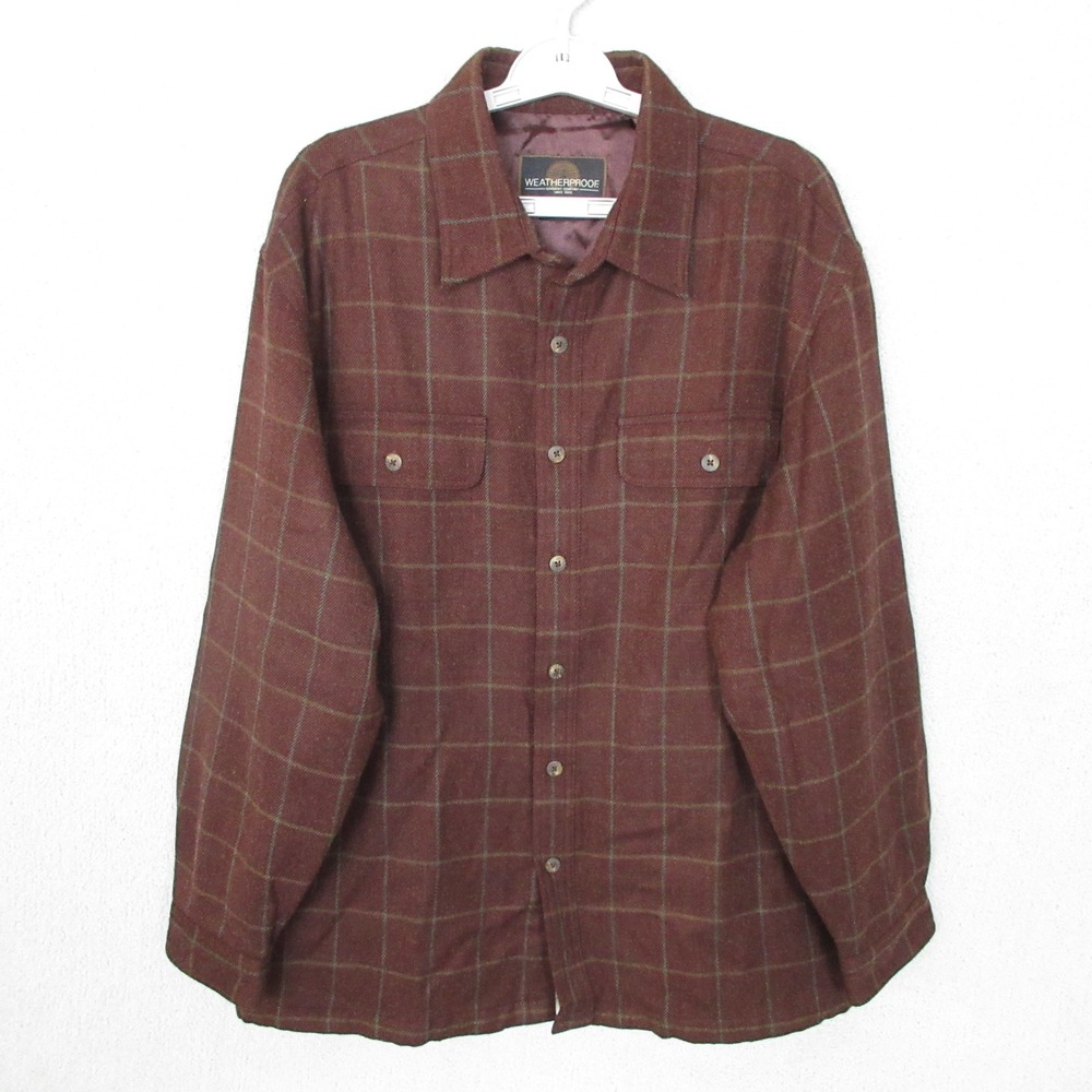 Weatherproof Mens Large Plaid Button Up Shirt Jacket Shacket Long Sleeve Brown